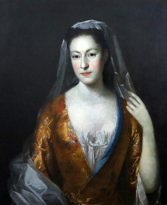 Follower of Willem Verelst (1704-1752) Half-length portrait of a lady 29.5 x 24.5in.